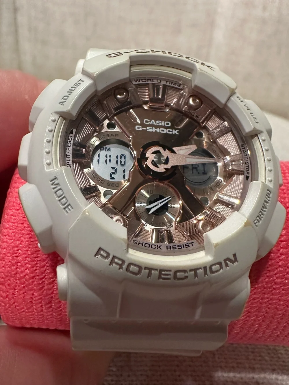 Casio G Shock Watch GMAS120MF-7A2 Womens White Rose Gold Dial Analog Digital